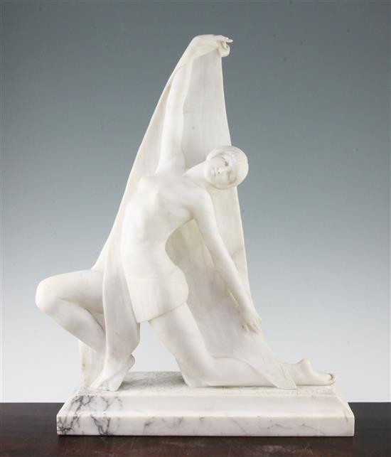 A French Art Deco carved marble figure of a female dancer, 21in.